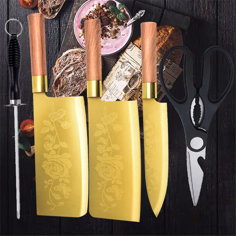 

Stainless Steel Butcher Kitchen Knife Chef Knife Set Meat Chopping Cleaver Slicing Flower Veins Knife Scissors Sharpener Rod