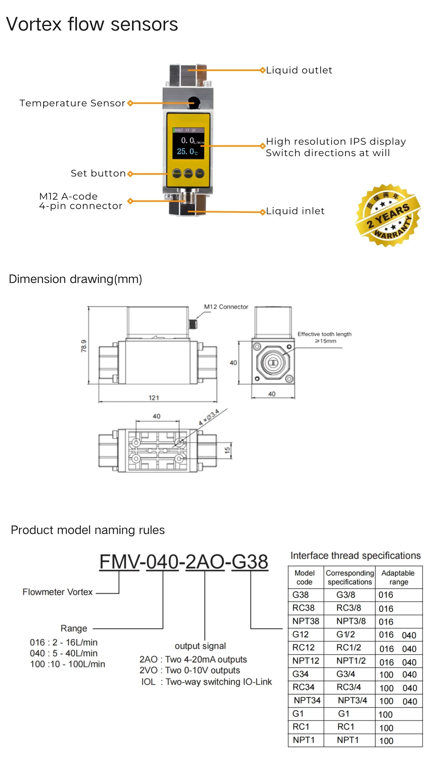 SENTINEL FMV Compact Vortex Flow Sensor Wasserdurchflusstemperatur Dual Display