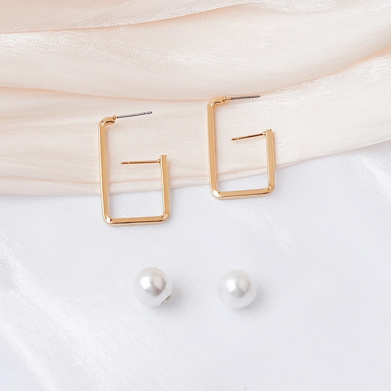 Detachable Imitation Pearl Stud Earrings Gold Color Metal Geometric Side Square Round Women\'s Earrings New Year Gitfs boucles