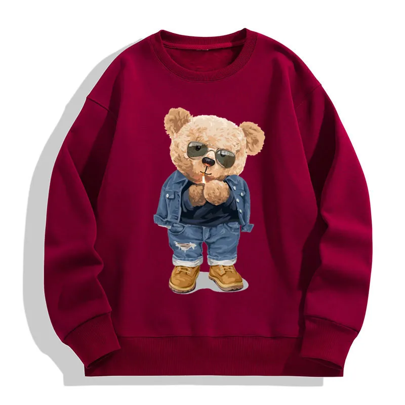 Men\'s Round Neck Pullovers Autumn Winter Outdoor Male Funny Pose Teddy Bear Pattern Print Sweatshirts Fashion Casual Pullover