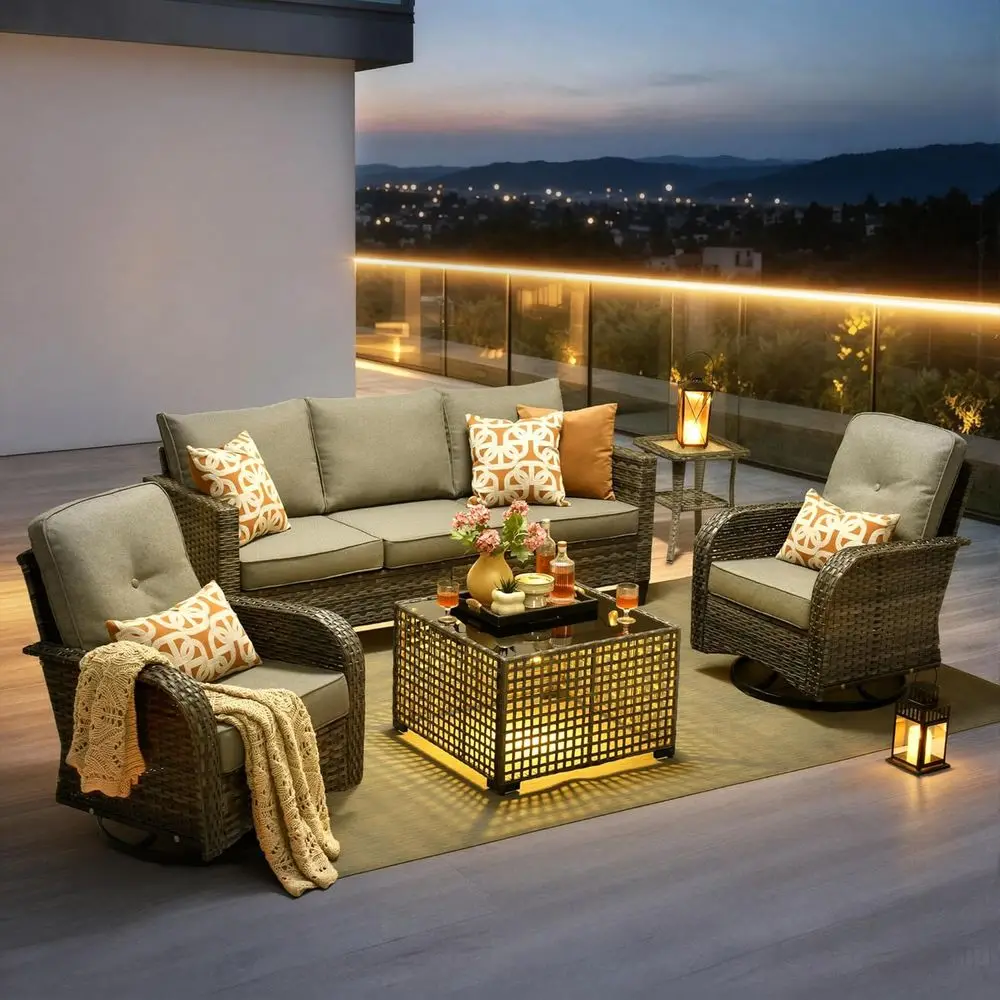 

6-Piece All-Weather Wicker Outdoor Sofa Set with High Back Swivel Rocker Chairs and Gray Cushions