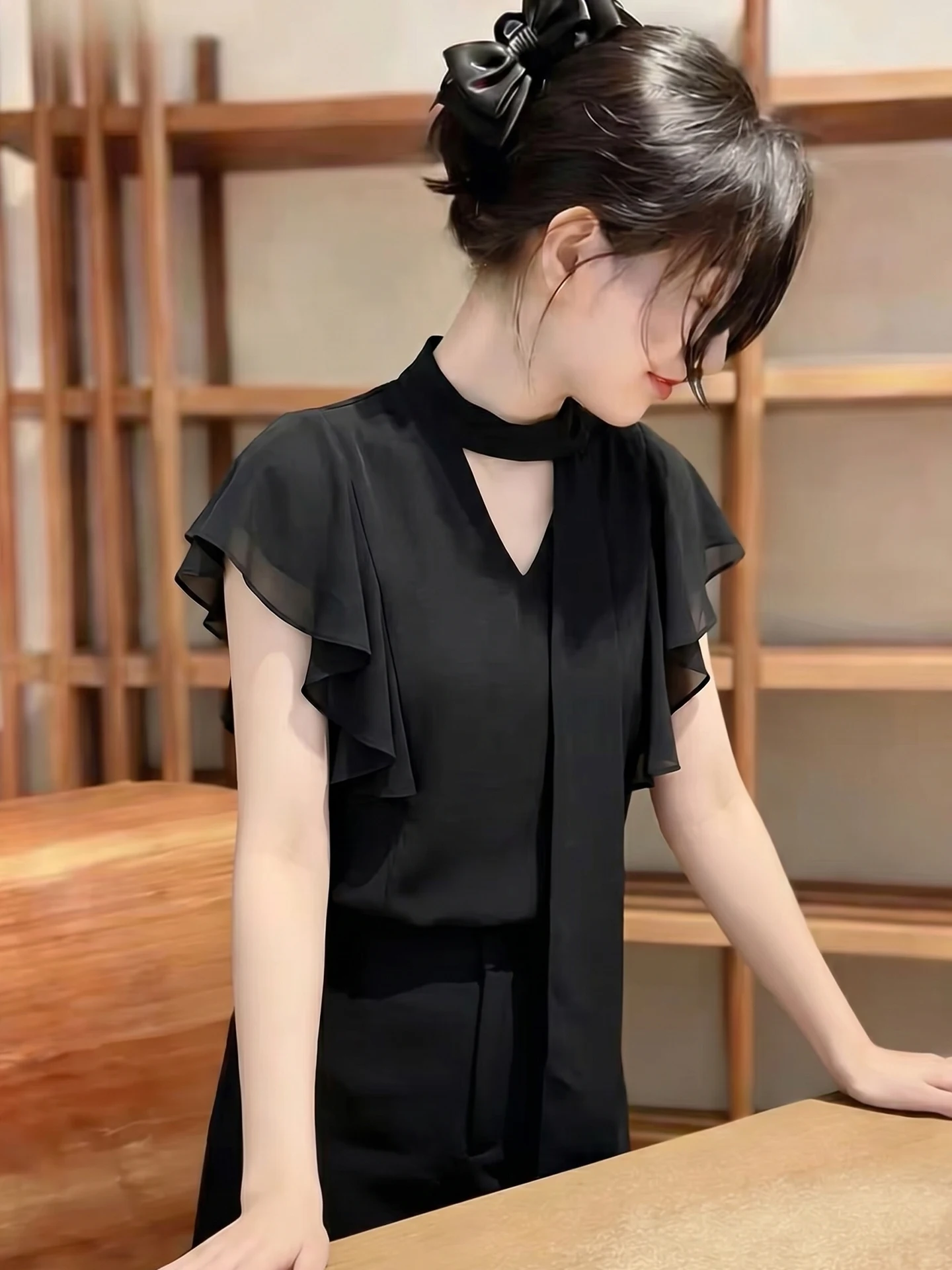 

Elegant Black Chiffon Shirt with Sleeve Bows Korean Style Commute Friendly Women's Fashion Summer Top Versatile Straight Cut