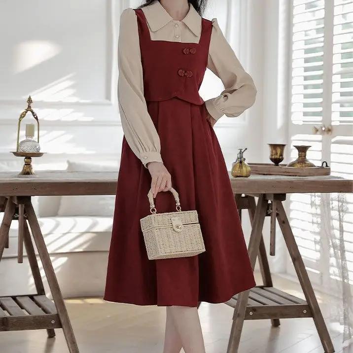 Large Size Premium Retro Style Chinese Two-piece Spliced Long Sleeved Dress New Slimming French Dress for Women