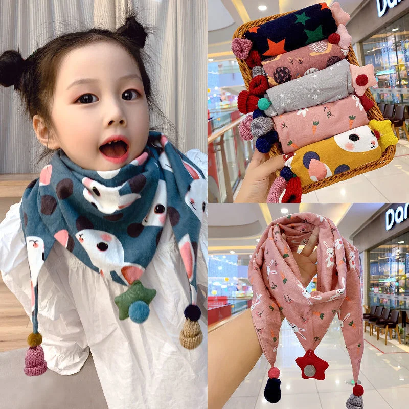 Autumn Winter Children Scarf Baby Boys Girls Triangle Scarf Shawl Children Warm Windproof Neckerchief Cute Pompom Kids Scarves