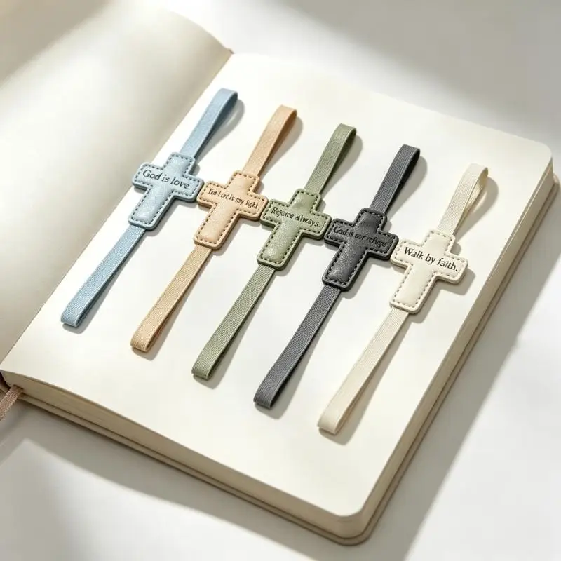 PU Leather Book Page Markers for Printed Books, 6-Piece Assorted Color Set with Faith Messages, Elastic Bands and Support D2RC