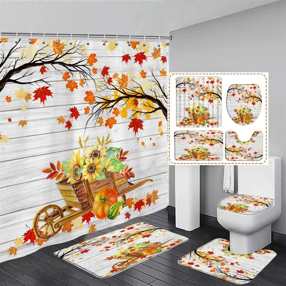 Fall Maple Leaves Shower Curtain Set Sunflower Pumpkin Farm Wooden Plank Autumn Bathroom Decor Rugs Bath Mats Toilet Lid Cover