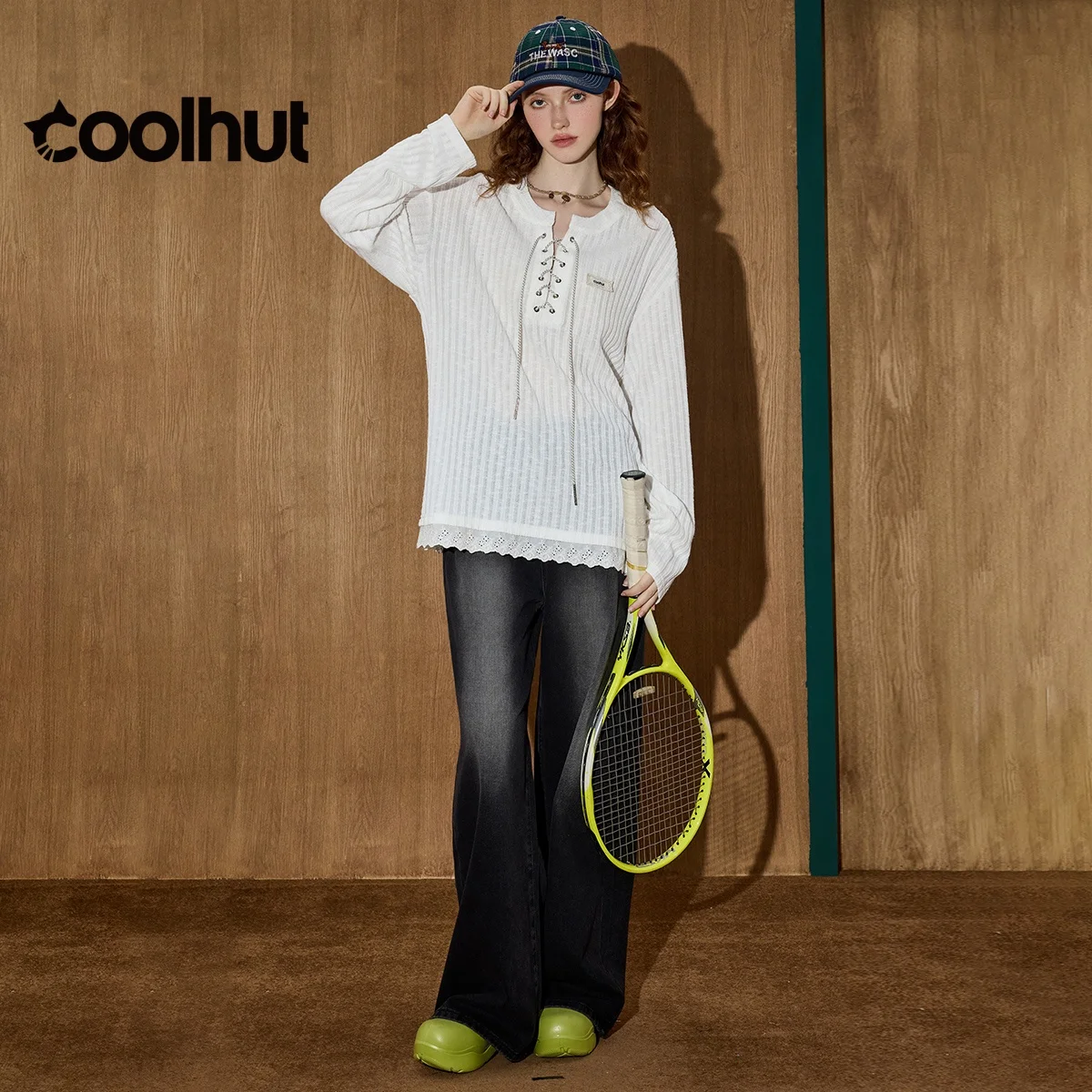 COOLHUT Markowa Bluzka Damska 2025 w Stylu American Vintage, Sznurowana, Dzianinowa, Boho, Luźny Krój, Ażurowa, Codzienna Bluzka Jesienna z Kontrastowym Wykończeniem