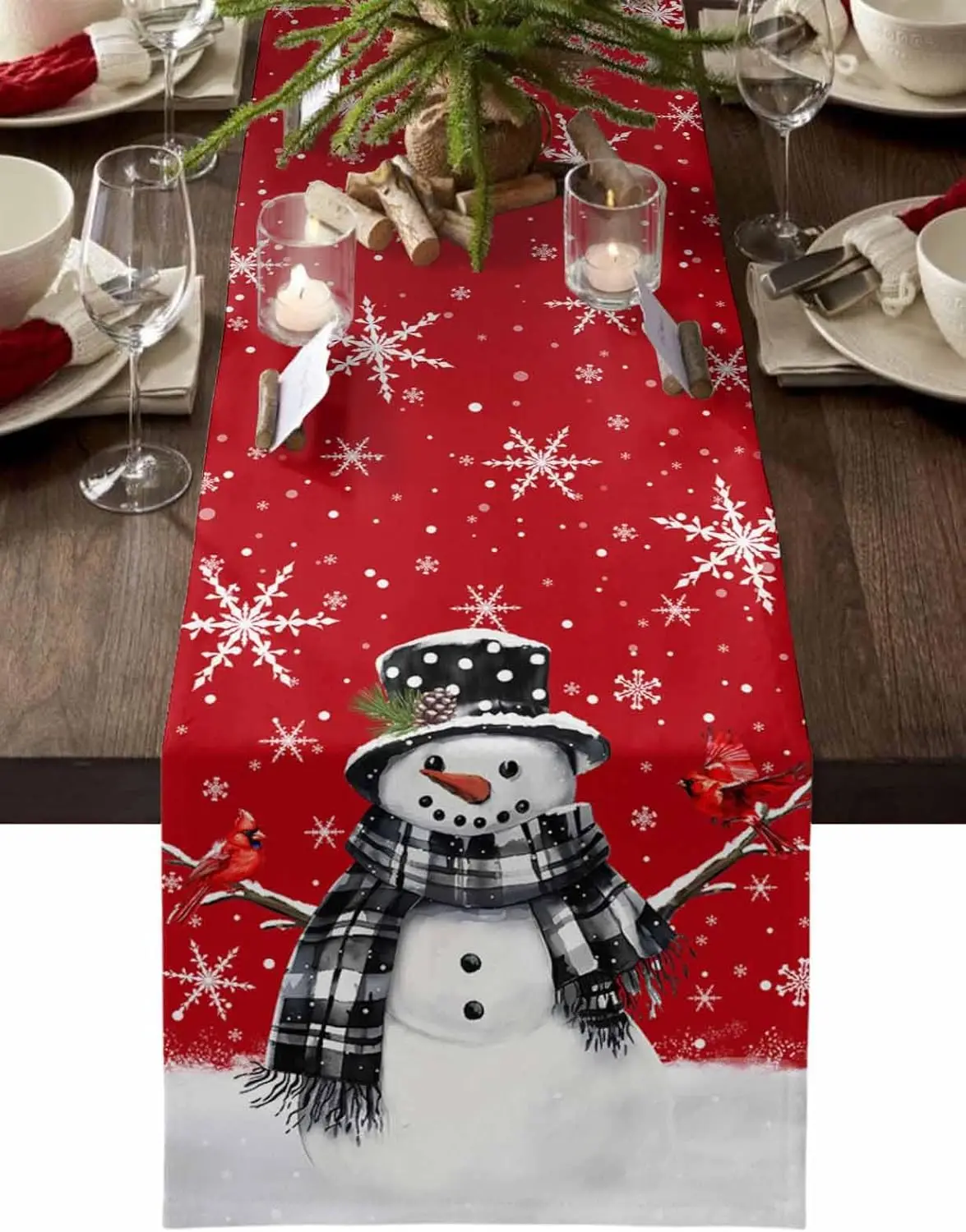 

Christmas Snowman Snowflake Bird Linen Table Runner Party Decor Winter Xmas Kitchen Dining Table Runner Christmas Decorations