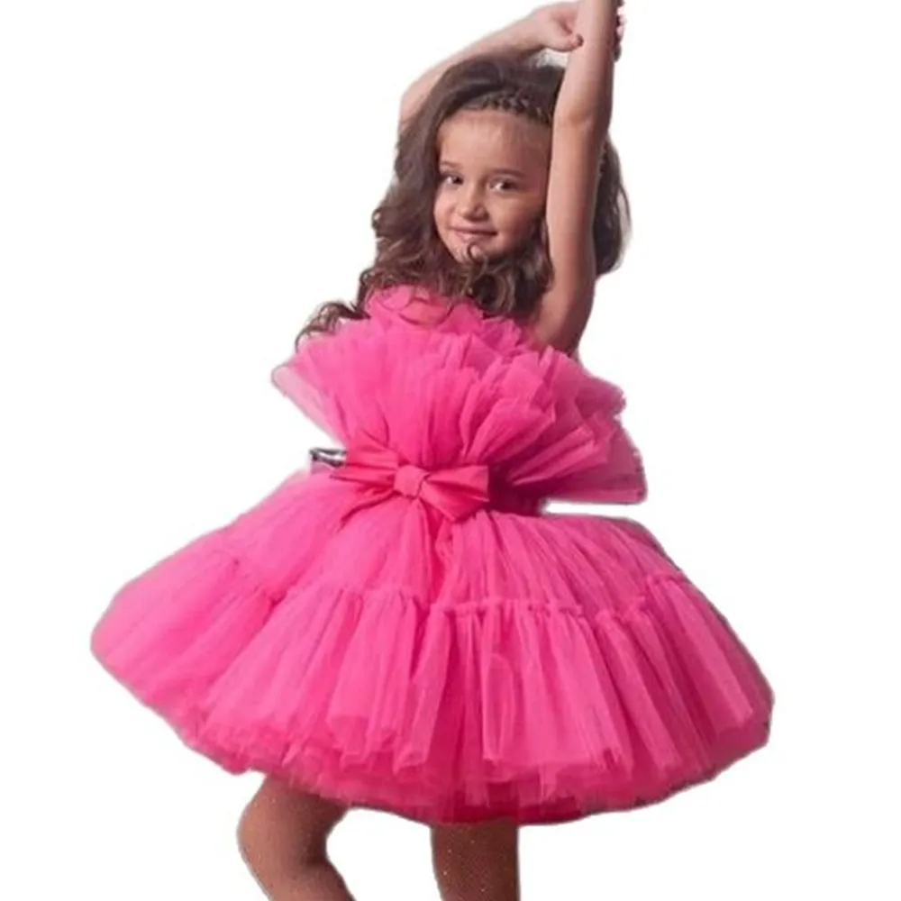 

Tiered Flower Girls Dresses Bow Sash Puffy Tulle Children Pageant Ball Gown Short Kids Birthday Communion Wears