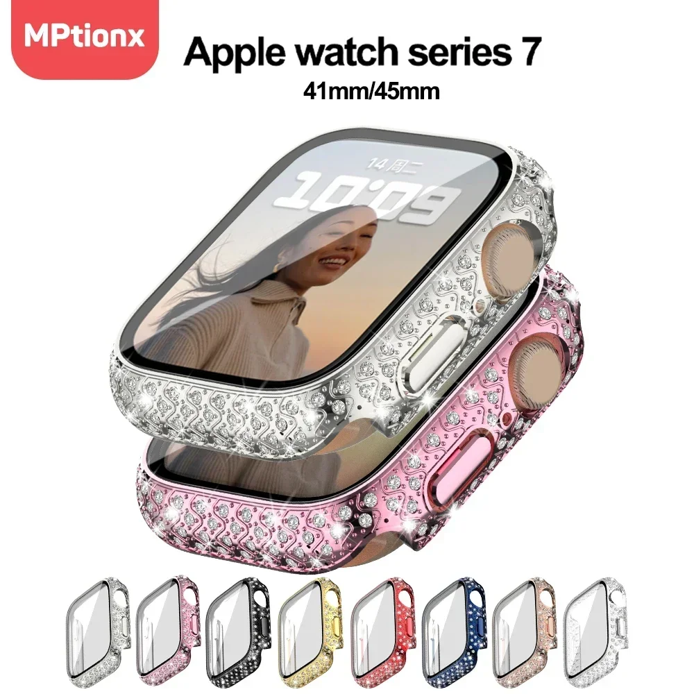 Caja de reloj de diamante de vidrio templado para Apple Watch Series 7, 8, 9, 45mm, 41mm, Protector de pantalla ostentoso, accesorios protectores de