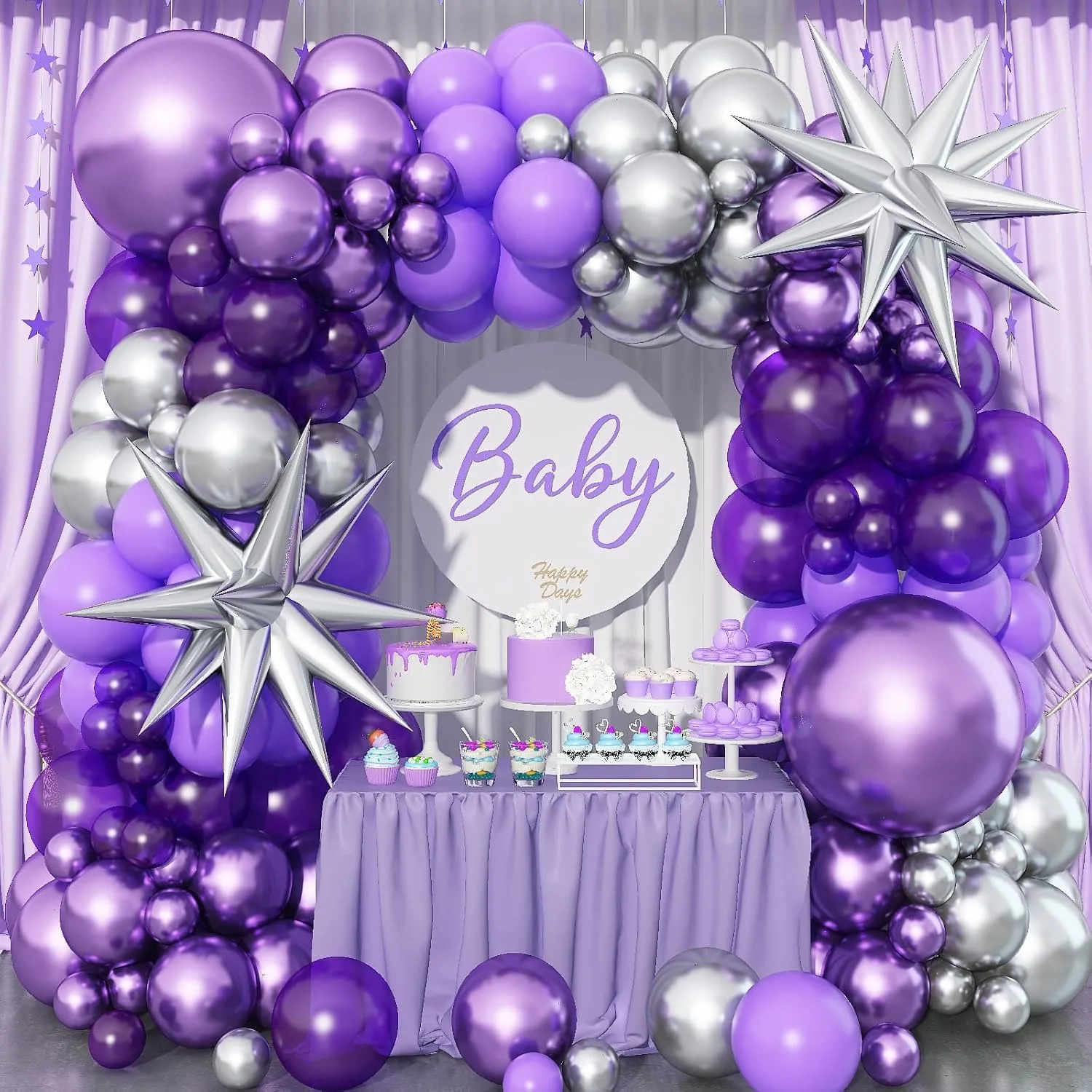 120pcs Pastel Purple and Metallic Purple Silver Garland for Girls Women Wedding Anniversary Birthday Baby Shower Party Decora