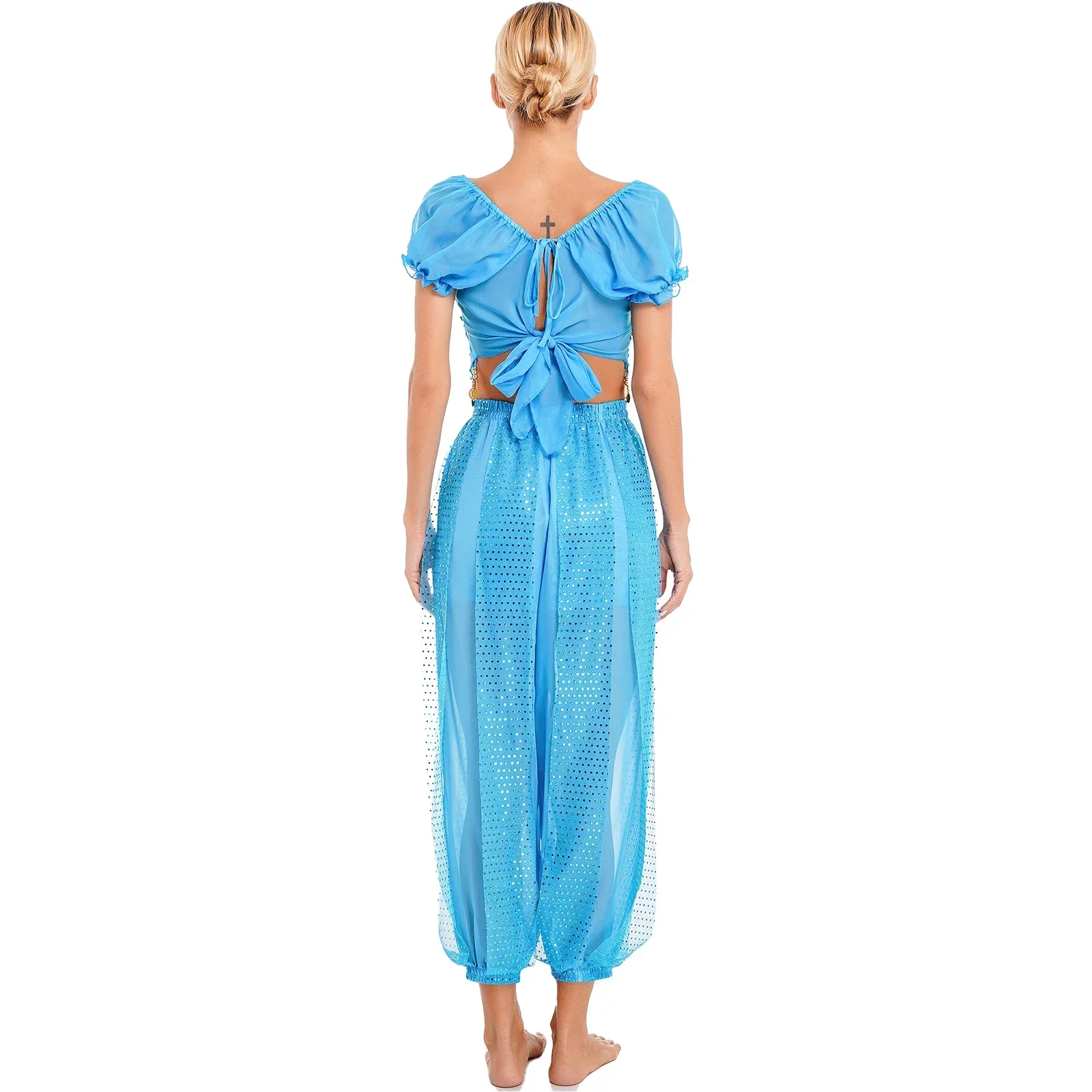 ชุดเต้นระบำหน้าท้องสำหรับสตรีชุดเหรียญและกางเกงโคมไฟสำหรับวันฮาโลวีนบอลลีวู้ดอินเดียชุดคอสเพลย์สำหรับการแสดงบนเวที