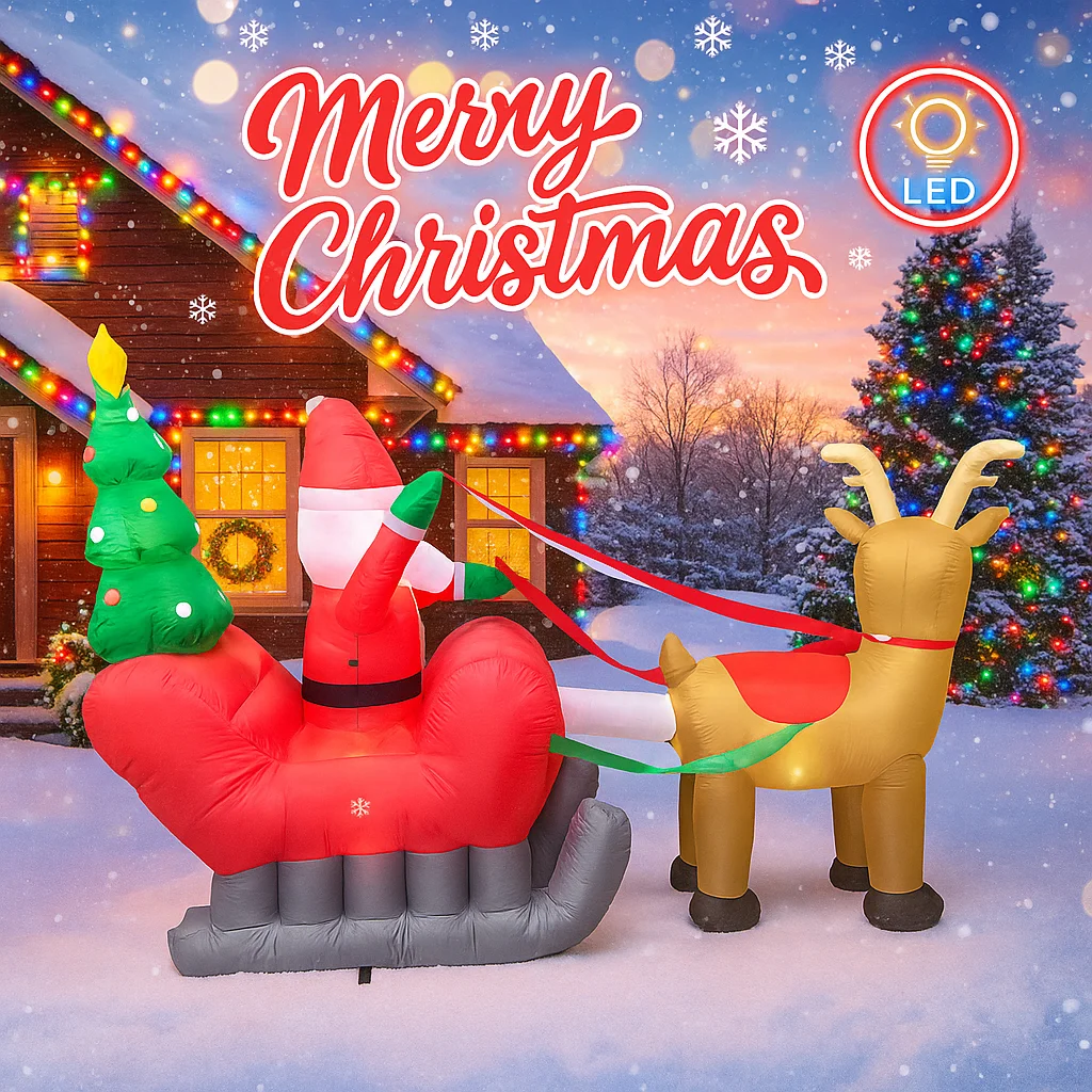 7.87FT Holiday Lighting With LED Lights Giant Christmas Inflatable Santa Sleigh Reindeer Xmas Yard Supplies Home Party Ornaments