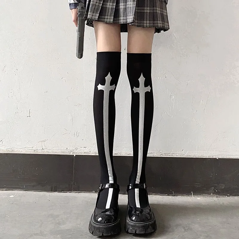 Japanese Harajuku Long Socks Festival Party Cross Cosplay Black Stockings Dark Gothic Y2K Knee Thigh Socks for Women's Skirts