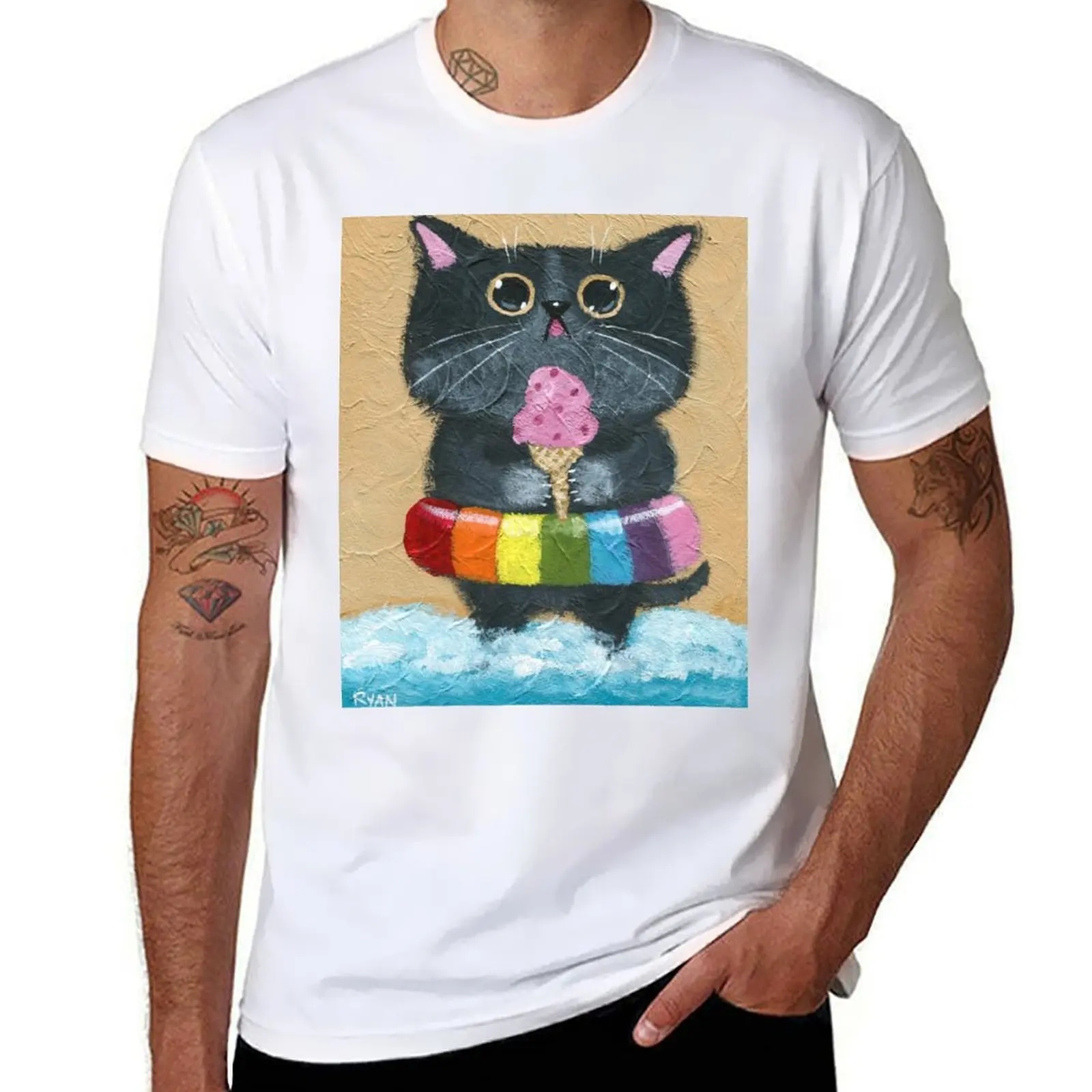 

At The Beach, Ice Cream Cat T-Shirt cotton t shirts man 100% t shirt for man 100 percent cotton T-Shirt