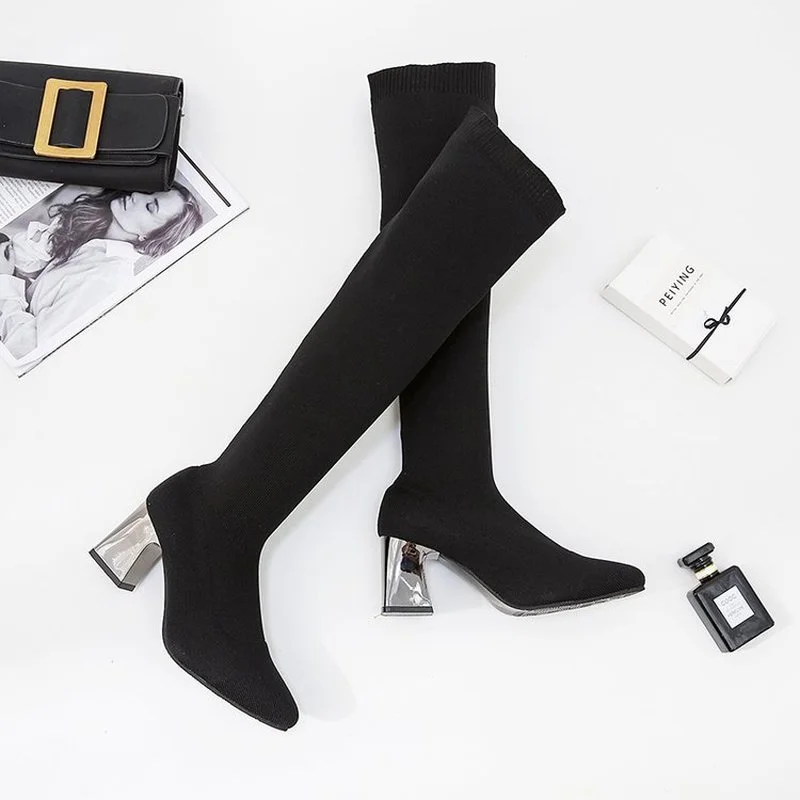 

Spring Autumn 2022 New Women Boots Knee-High Fashion Modern Boots Stretch Fabric Socks Boots Woman High Heel Shoes De Mujer