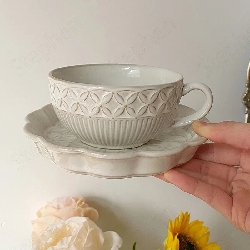 European Vintage Embossed Ceramic Coffee Mug with Tray Kiln Glaze Relief Flowers Decorative Cup Set Cafe Restaurant Drinkware