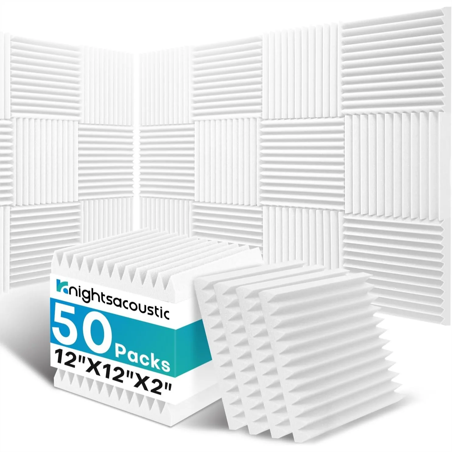 

50 Pack Acoustic Foam Panels for Sound Absorption, 2x12x12 Inches Studio Wedges, White