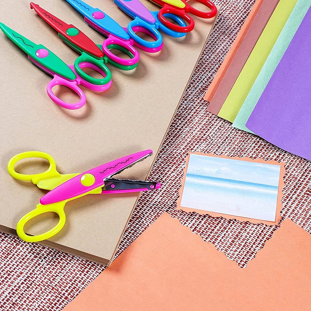 Tijeras de borde de papel decorativas coloridas para niños, mango cómodo, Hoja de Seguridad, DIY, para manualidades, álbum de recortes, 1/6 piezas