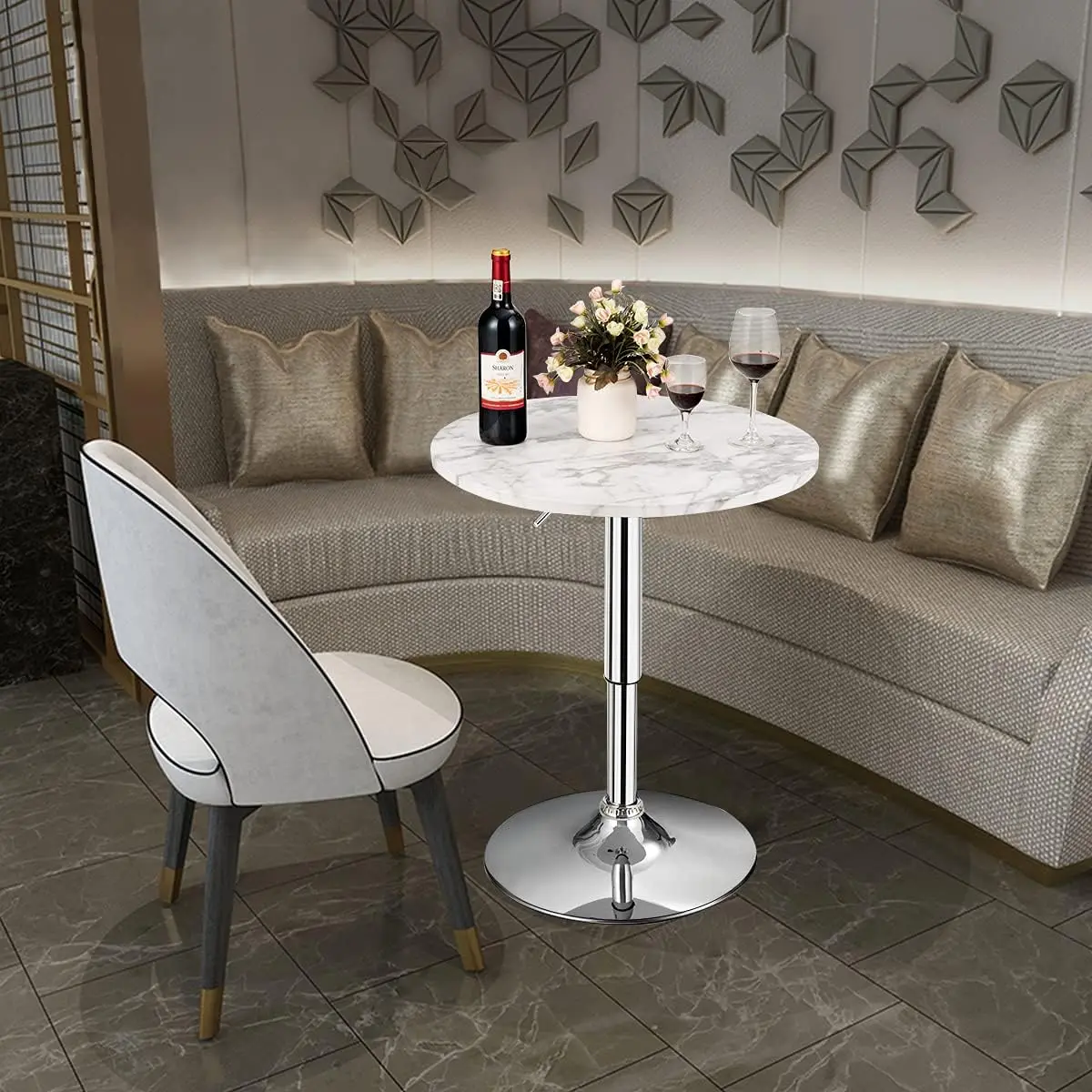 Byroce Round Bar Table, Cocktail Table Height Adjustable With 360° Swivel Top, Silver Leg & Base, High Pub Table For Bistro,