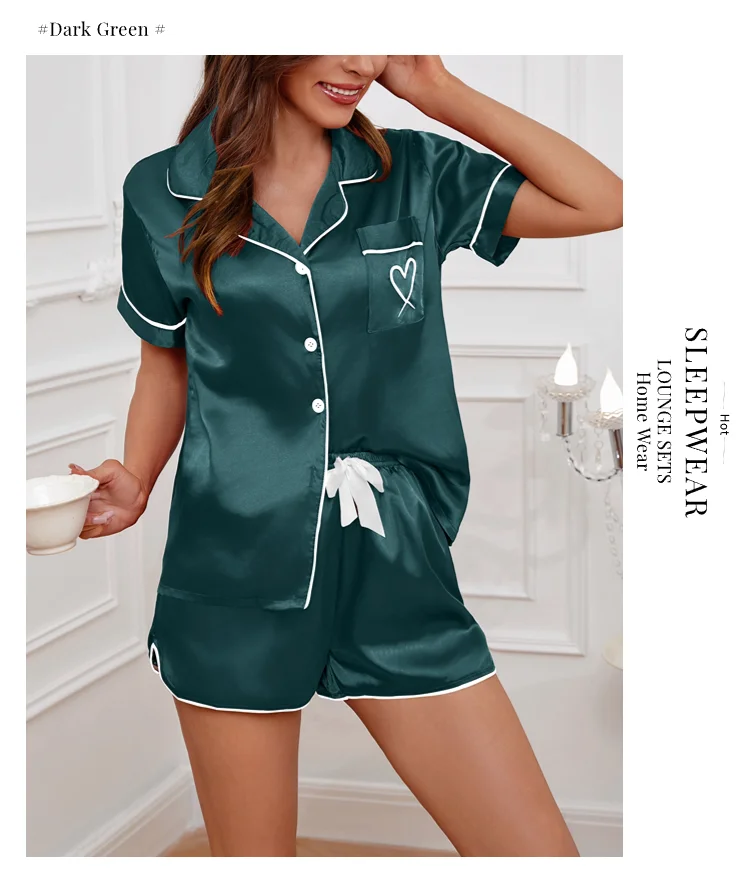 Luxus Satin Seide Damen Pyjama Set Kurzarm Nachtwäsche Freizeit Home Kleidung Nachtwäsche Bequeme Pyjamas für Frauen Pj Set – Detail 14