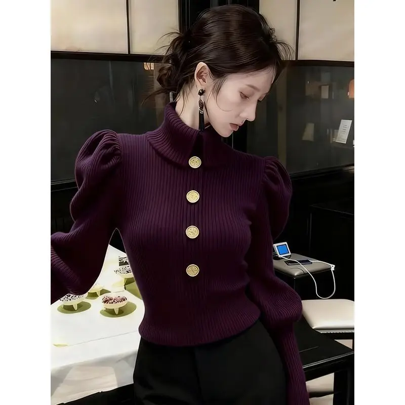 New Autumn Winter Fashion Knitted Sweater Women Elegant Slim Turtleneck Puff Sleeve Buttons Pullover Top Cashmere Knitwear