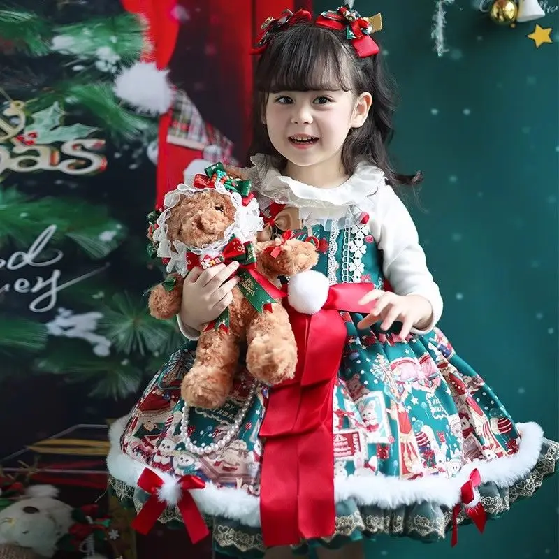 

Autumn Winter Girls Pricess Cartoon Toddler Cute Baby Ball Gown Lolita Sundress+Base Shirt 2pcs Suit Christmas Party Clothes