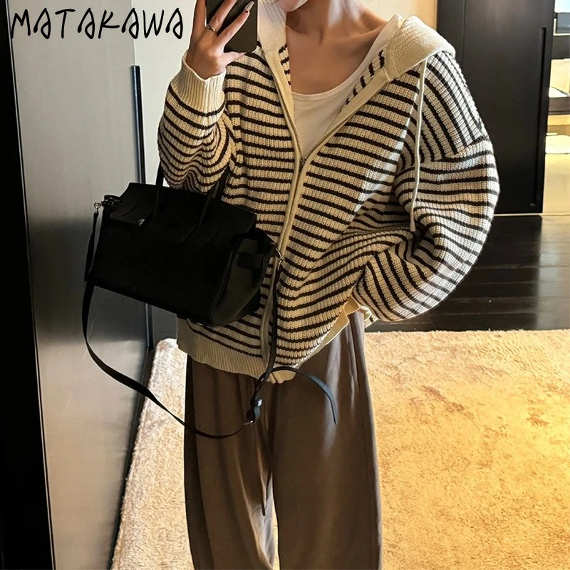 

Matakawa Hooded Cardigans Stripes Korean Fashion Warm Autumn Winter Clothes Woman Sweaters Vintage Loose Thick Sueter Mujer