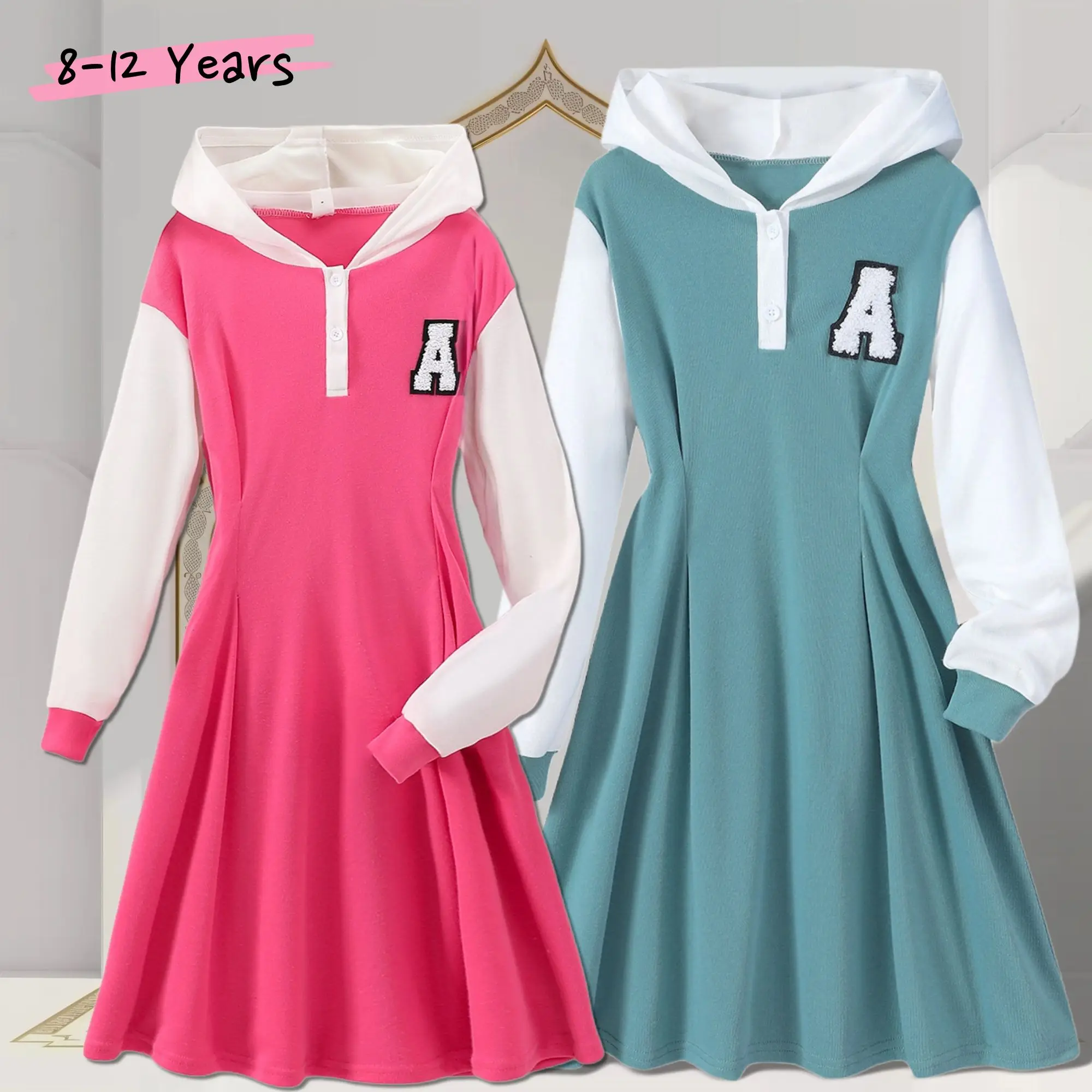 Girls Dresses 2024 Autumn Winter Long Sleeve Hooded Contrast Color Casual Simple for 8 9 10 11 12 Years