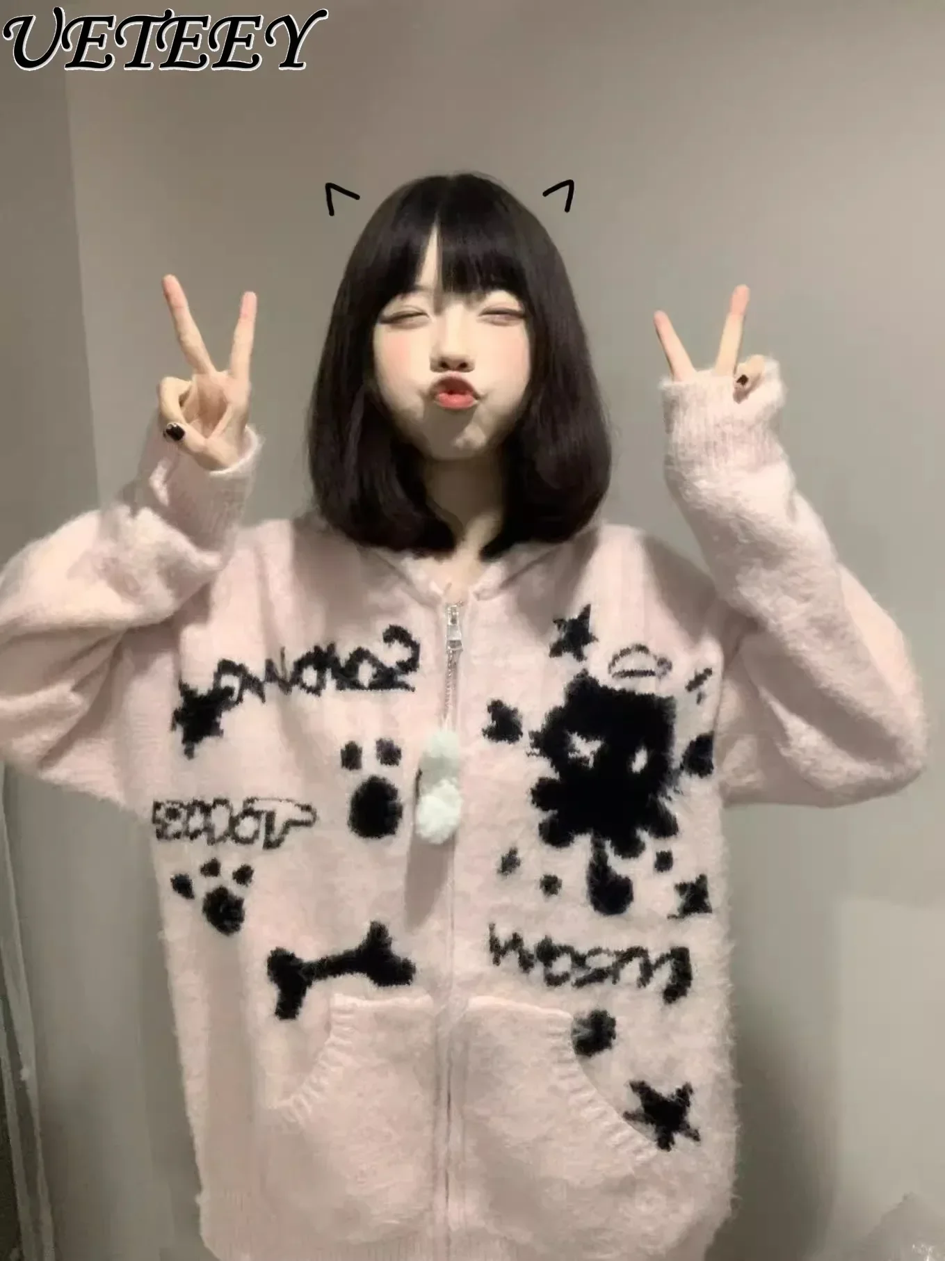 Original Sweet Cute Female Mink Cardigan Sweater Autumn and Winter New Versatile Long-sleeved Printed Hooded Knitted Jacket