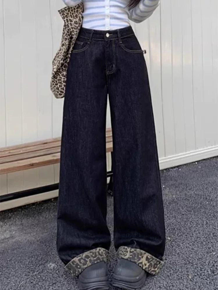 Baggy Jeans for Women Leopard Crimping Design Vintage Streetwear Cool Unisex Wide Leg Trousers Fashion American Style Versatile