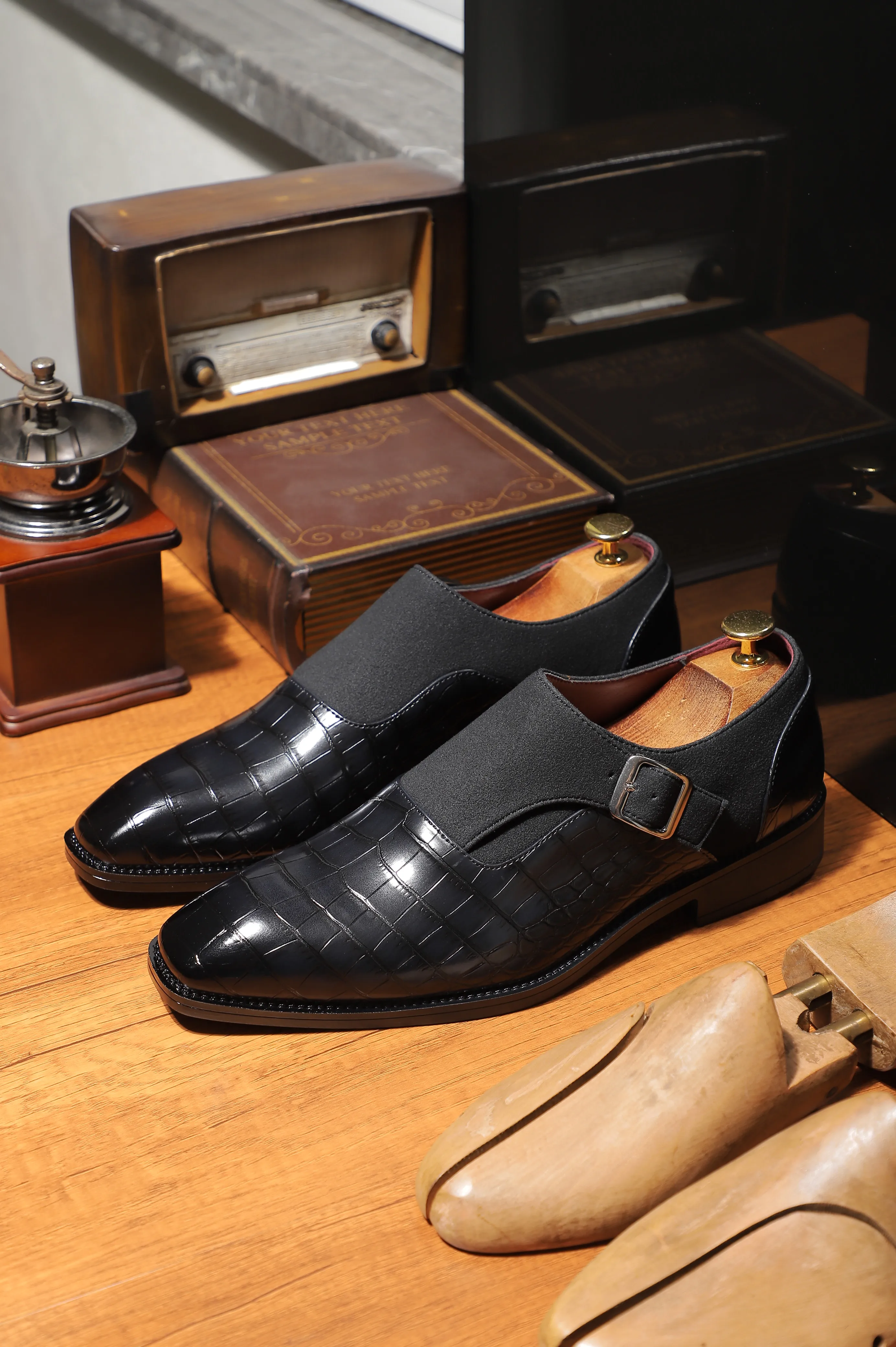 

British Crocodile Embossed Monk Strap Men's Dress Shoes