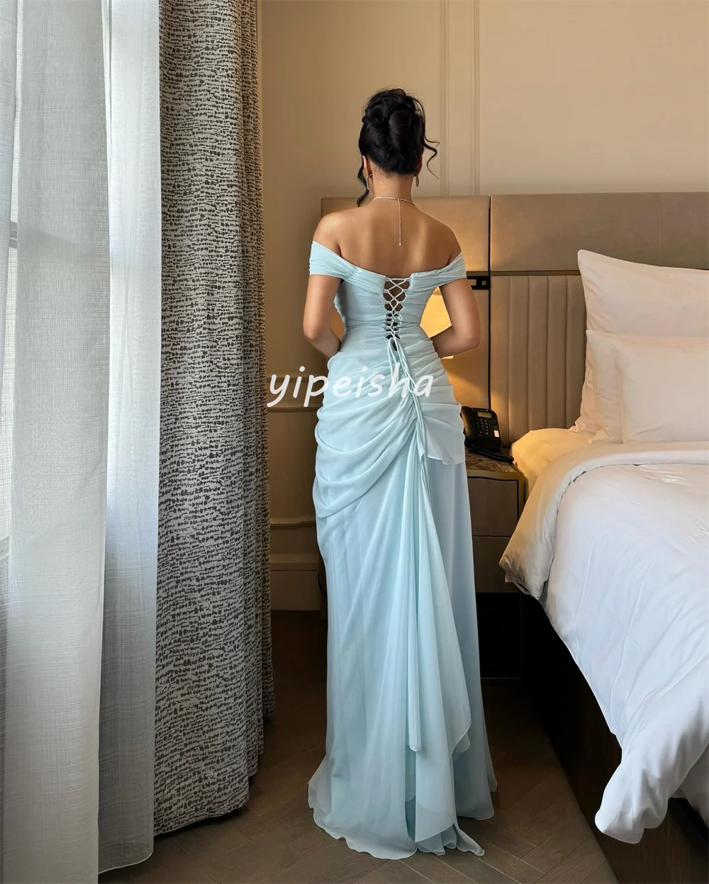 Personalizado simples pastrol chiffon plissado ruched drapeado em linha reta fora do ombro vestidos longos sob medida vestidos de ocasião requintado