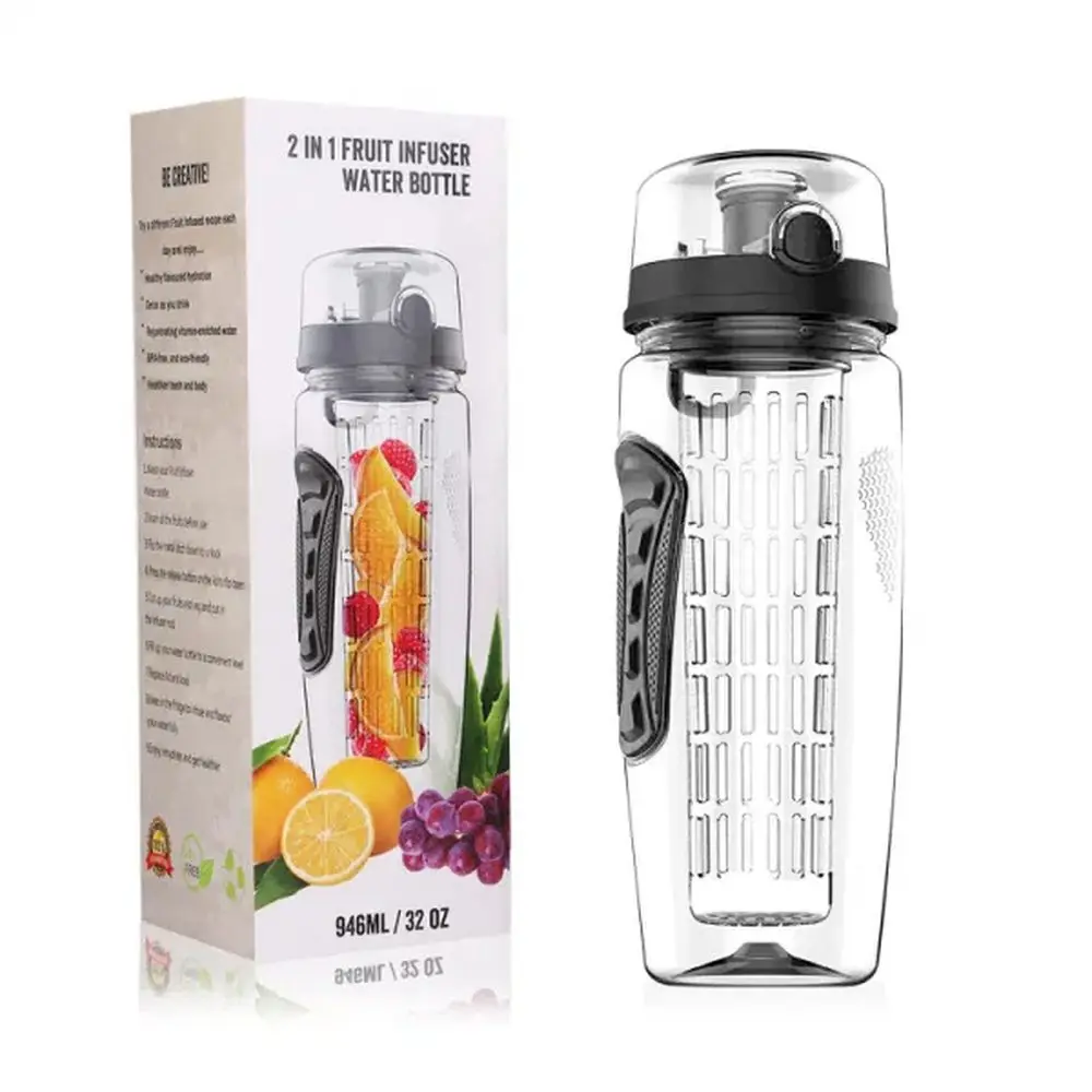 Fruit Infuser Water Bottle 32OZ Juice Shaker Sport w/ Flip Top Lid Anti-Slip Grips