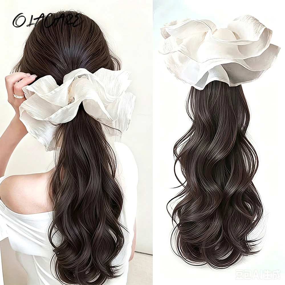 

Synthetic French Style Claw Clip Ponytail 18Inch Long Wavy Black Brown Heat Resistant Type Layered Horse Tail Hair Extension