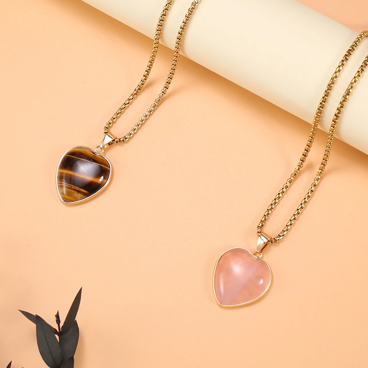 Natural Stone Pendant Necklace Heart Rose Quartz Tiger Eye Stone Link Chain Healing Crystals Stone Charms Necklaces For Women