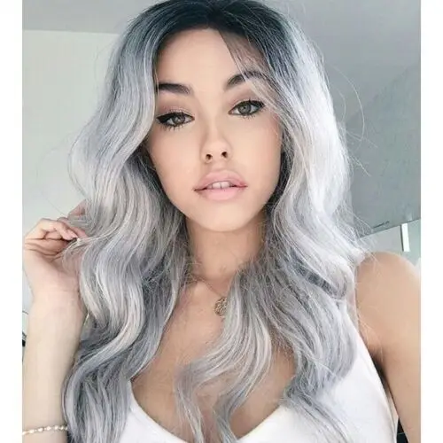 Silver Grey Lace Front Wigs Body Wave Dark Gray Long Wavy Synthetic Hair