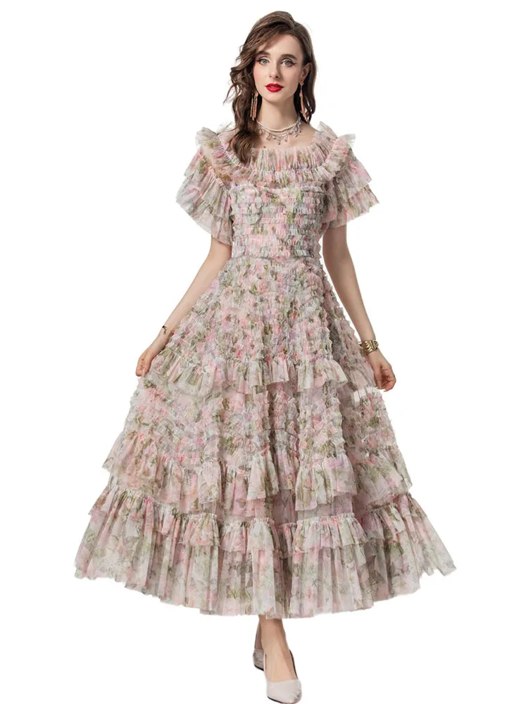 Women's Ruffles Dress, Sexy Slash Neck, Mesh Patchwork, Flower Printing, Party, Holiday Expansion, Fashion