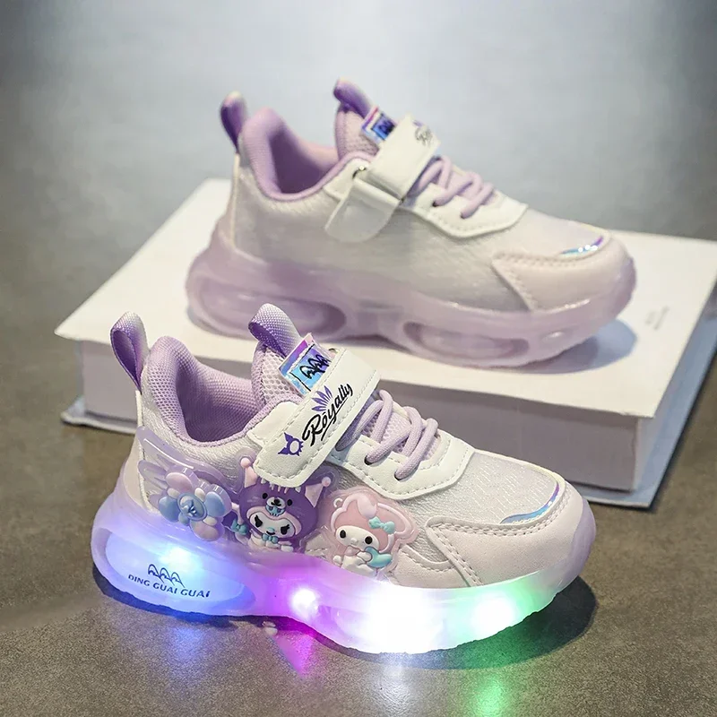 Casual Cute Girls Kuromi LED Shoes Kids Tennis Children Baby Luminous Tennis  Anime Sanrio Lighted Sport  Running Sneakers