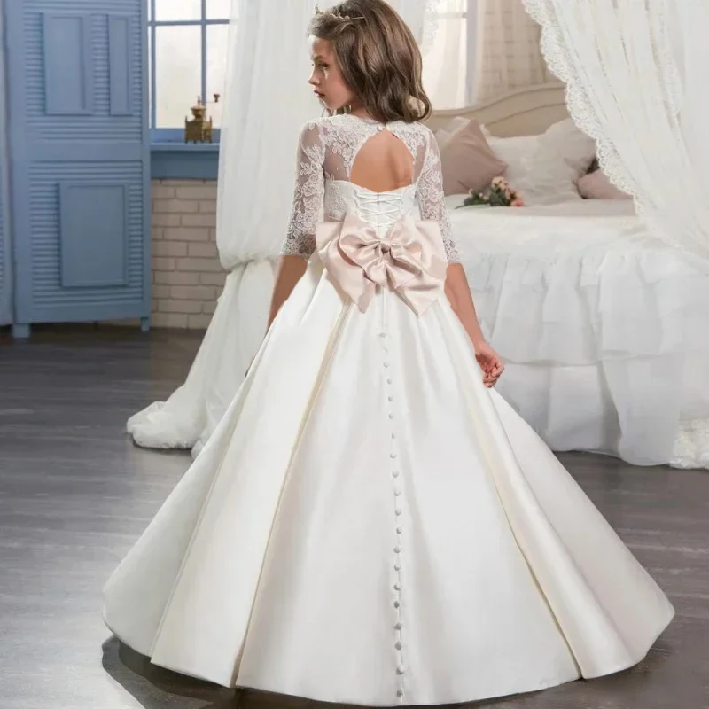 Robe de demoiselle d'honneur en satin couleur ivoire, en dentelle de tulle, manches courtes, ceintures à nœuds, pour enfants, bio poke, tenue de princesse pour fête d'anniversaire