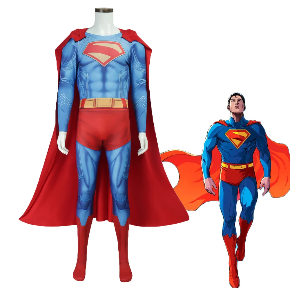 Disfraz de Anime Hero Kal-El para hombre y adulto, mono ajustado azul, traje con capa roja, ropa para fiesta de Carnaval y Halloween, 2025