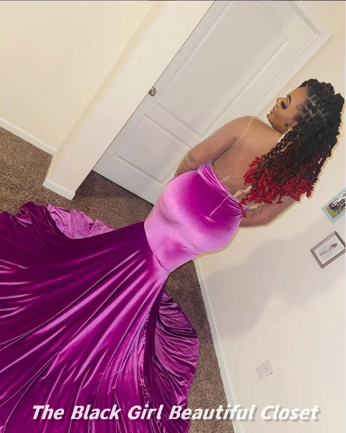 Velvet Purple Elegant Evening Gowns New Sparkling Diamonds Beaded Applique Formal Gowns Black Girls O Collar Ball Gowns