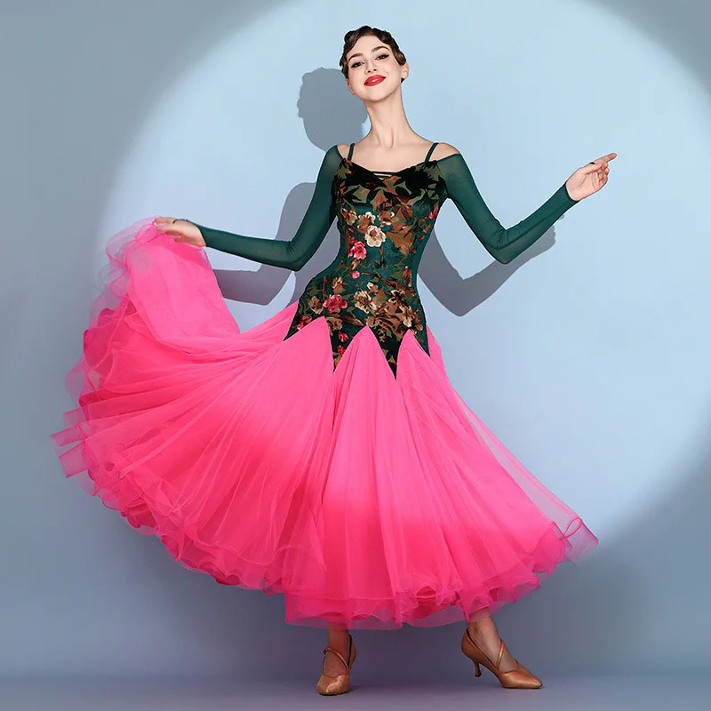 

Customized Adult Modern Dance Skirt Dress 2125 Perspective Mesh Velvet Printed National Standard Dance Practice Clothing