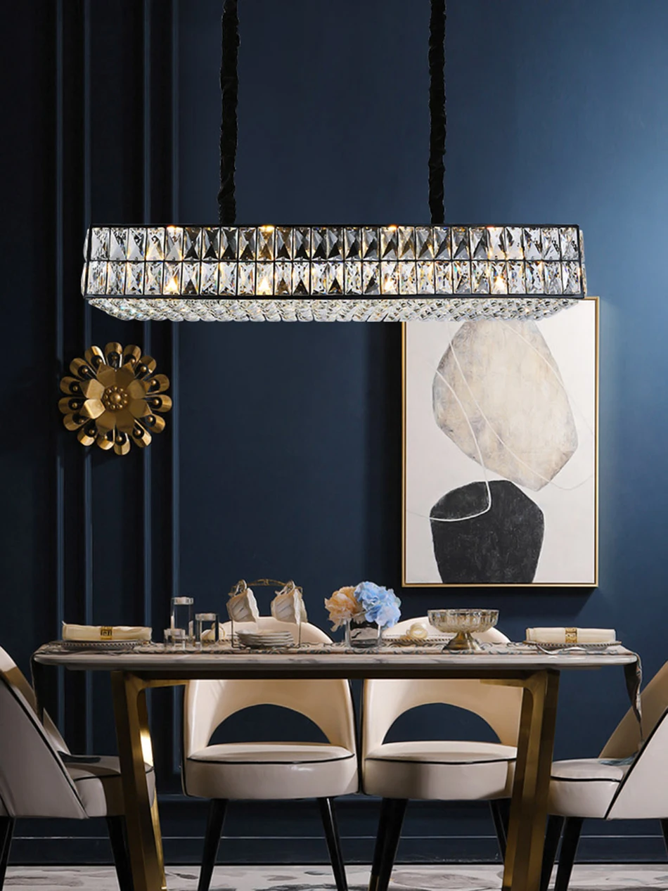 Modern Black Chandelier For Dining Room Led Home Decor Lamp Luxury Crystals Kitchen Lighting Fixture Rectangle Design