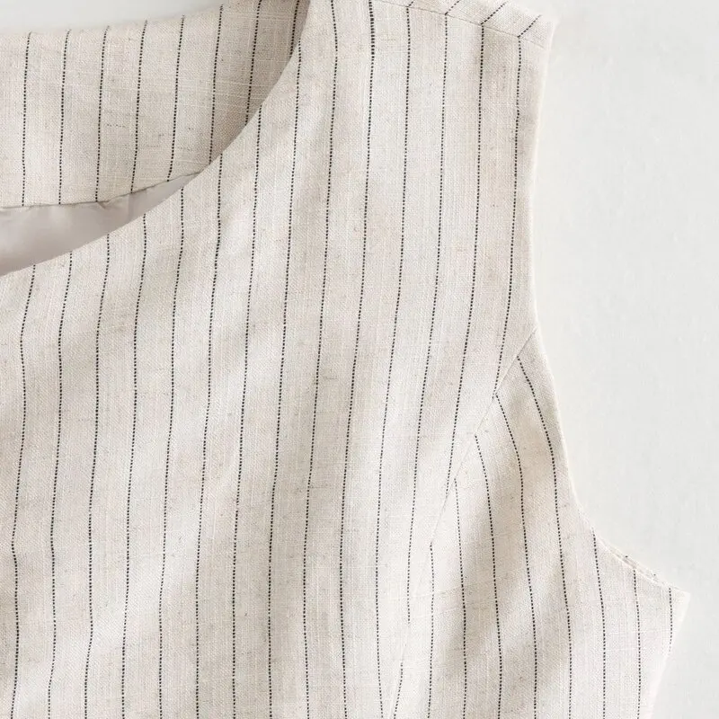 เสื้อกั๊กผ้าลินินผสมฝ้ายลายทางยาวสำหรับผู้หญิง ฤดูใบไม้ผลิ/ฤดูร้อน 2024 รุ่นอเนกประสงค์ คุณภาพดี แฟชั่น 2276