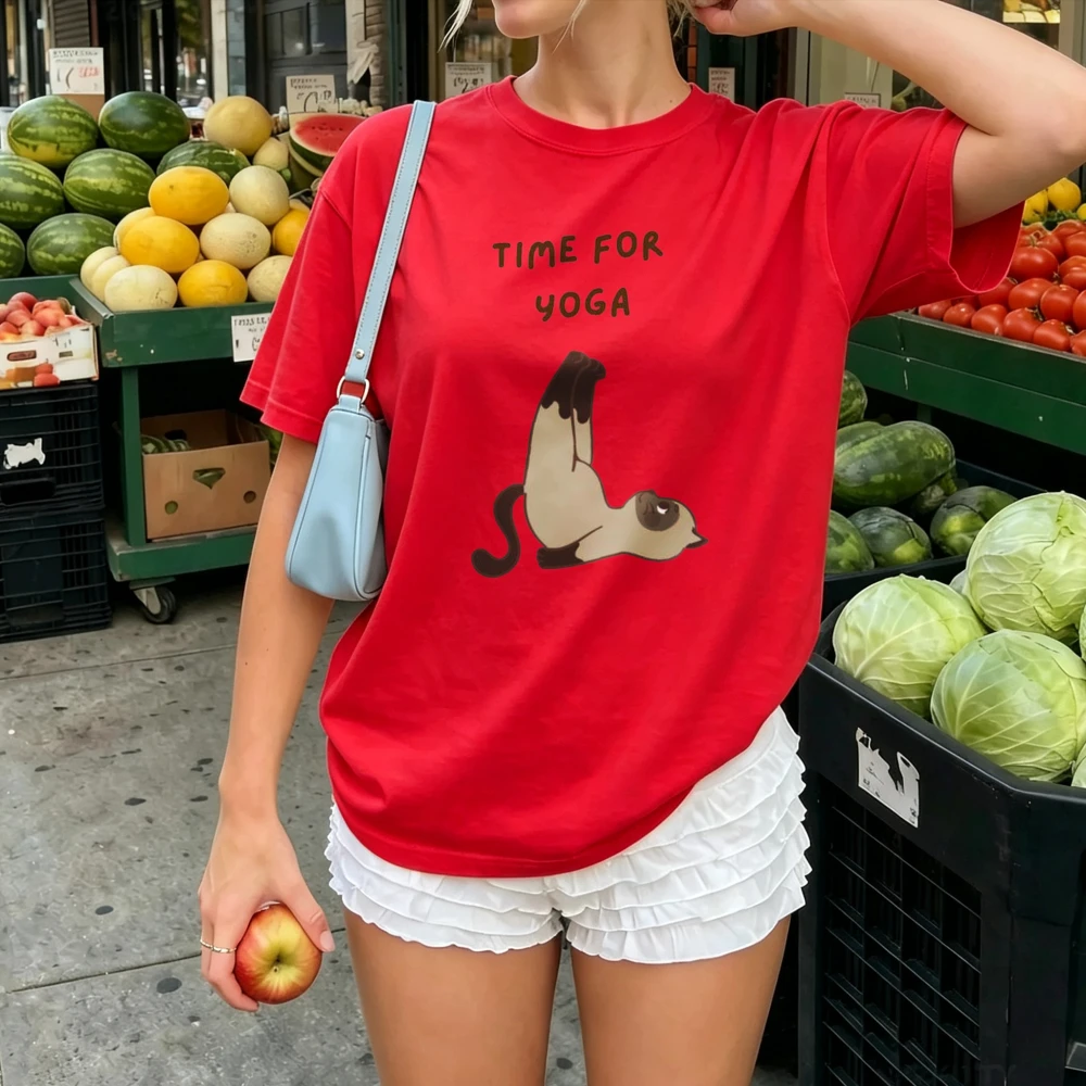 Time for Yoga Siamese Cat Graphic T Shirt Women Funny Yoga Kitten Cartoon Print Tee Casual Loose Cotton Meditation Daily Blouse