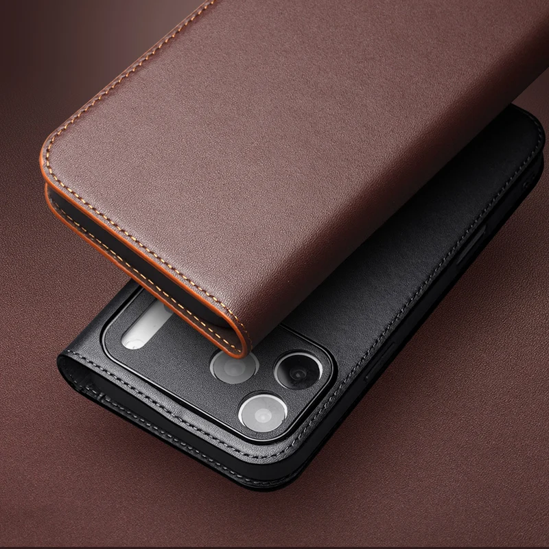 Qialino Full Grain Real Genuine Cowhide Leather Cover For Iphone 15 14 16 13 12 11 Pro Max Retro Business Flip Phone Case Wallet