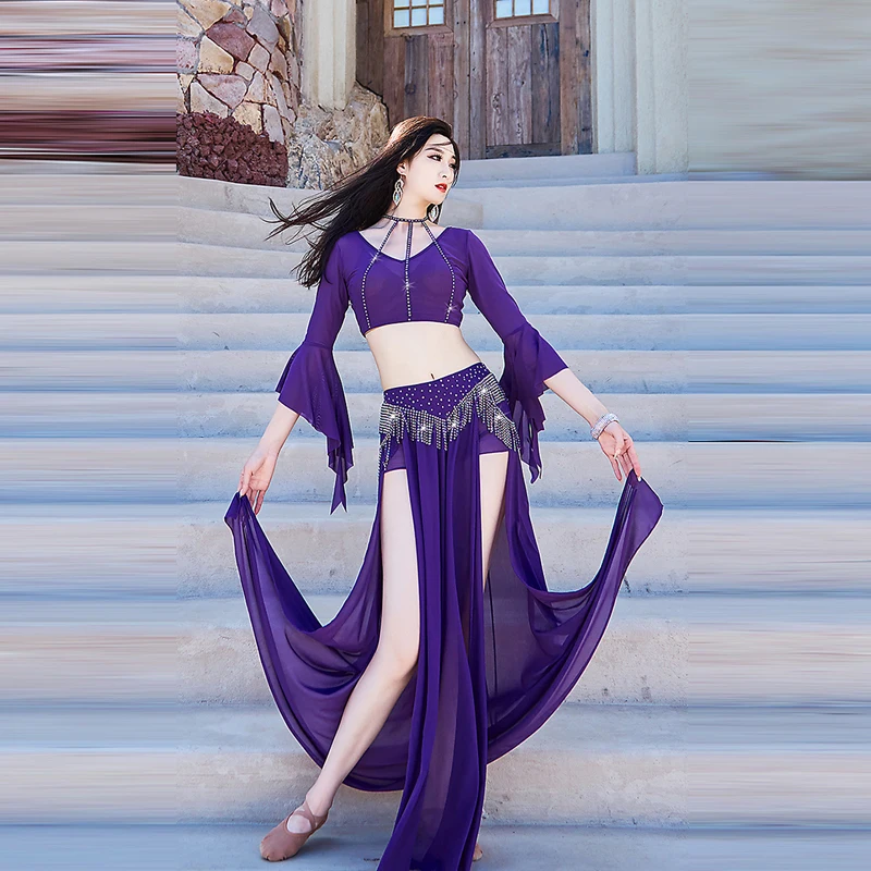 

Комплект костюмов для танца живота, топ с расклешенными рукавами + длинная юбка с кисточками из АБ-каменных камней, 2 предмета, женская тренировочная одежда для восточных танцев