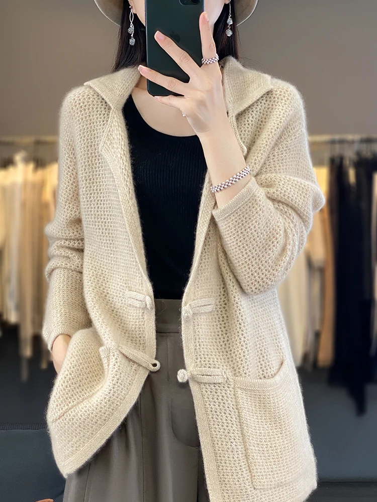 Yoyoselect Spring Autumn New Chinese Button Women Casual Cardigan Long Sleeve Sweater 100% Merino Wool Polo Collar Knitwear Soft