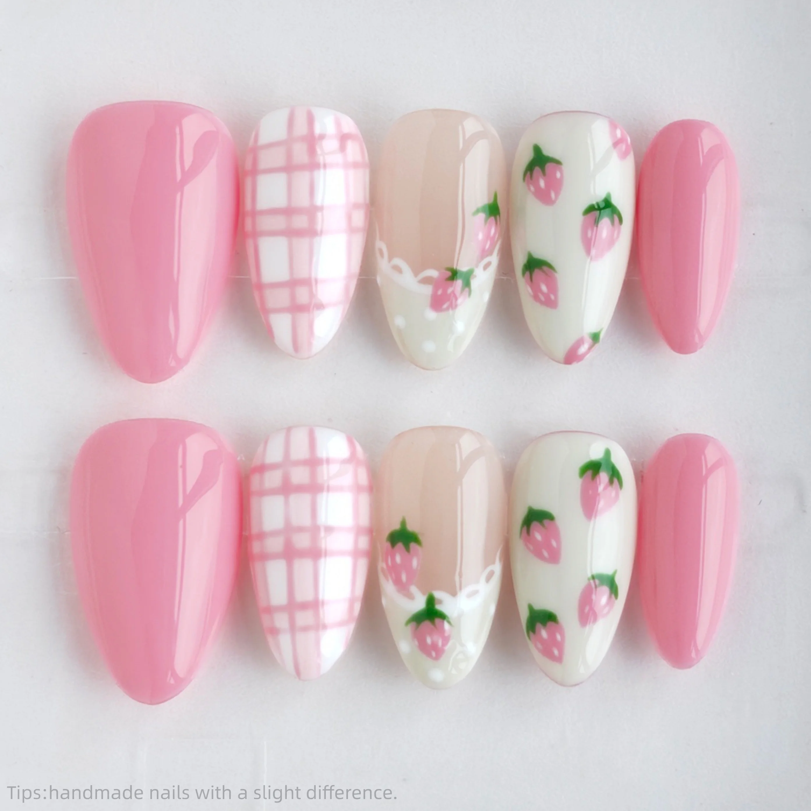 10PCS Handmade Press on Nails Sweet Pink Strawberry Plaid Almond False Nails Wearable Reusable Summer Fake Nail Tips